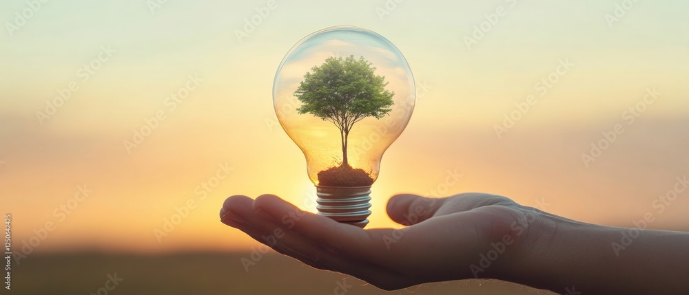 Poster nature-inspired lighting glass lightbulb with miniature tree on open palm - green innovation display