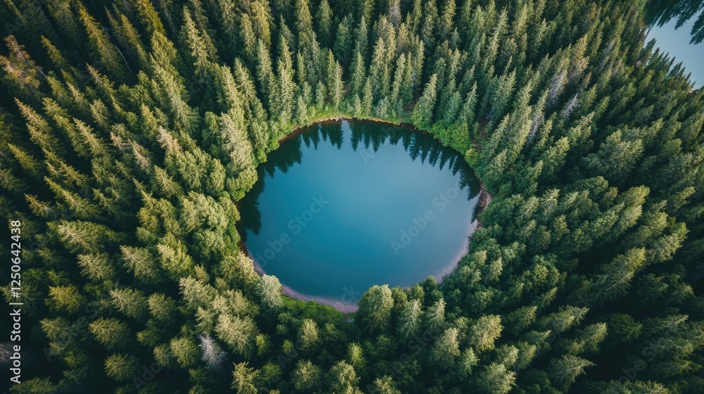 Poster aerial view of tranquil lake surrounded by dense green forest creating a serene natural landscape sc