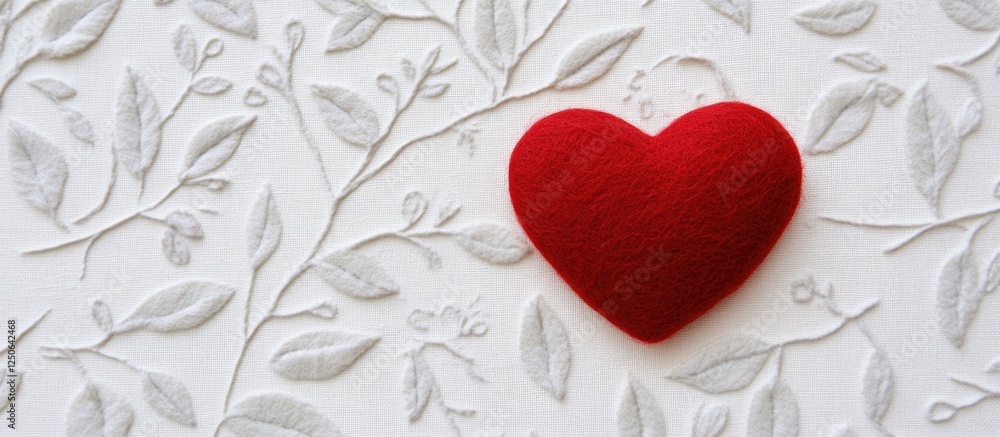 Poster handmade red felt heart on elegant love pattern background representing romance and affection in gre