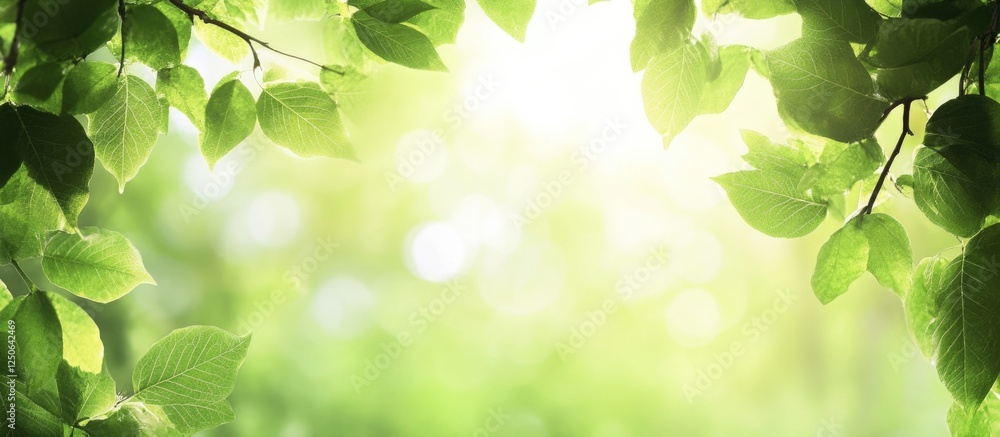 Poster Scenic forest with fresh green deciduous trees and leaves creating a natural background for text in spring or summer atmosphere.