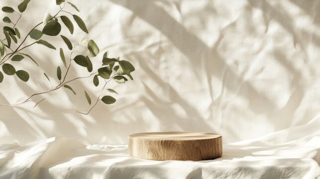 Eco-friendly organic podium background, soft linen and wooden textures, natural minimalist composition, bright and fresh aesthetic