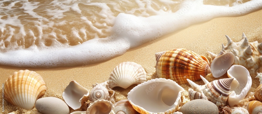 Poster Seashells and smooth pebbles scattered on golden sandy beach with gentle waves in the background creating a tranquil coastal scene.