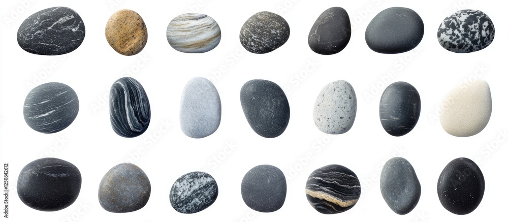 Aufkleber Assorted gray and black sea pebbles isolated on white background showcasing smooth rounded stones in various shapes and patterns