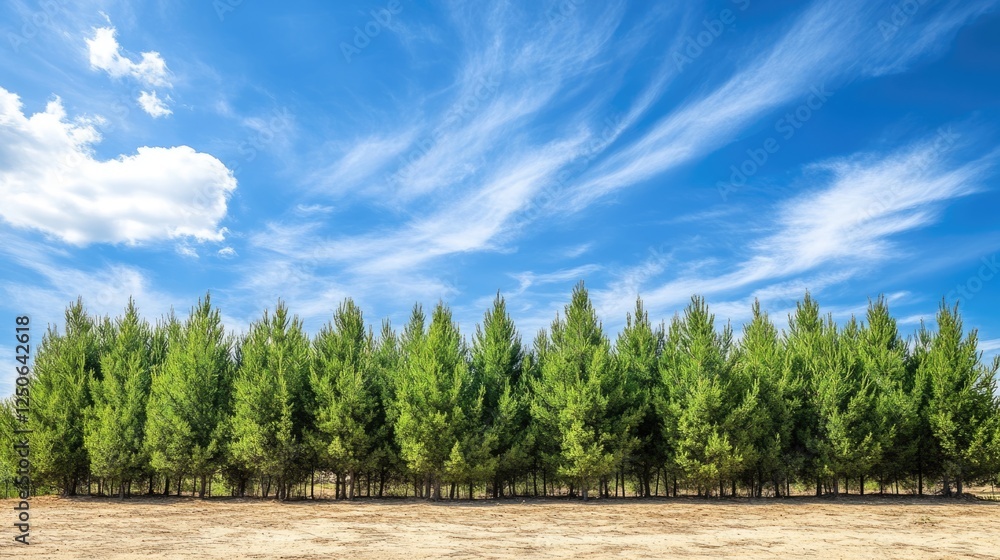 Poster row of lush evergreen cedar trees against a vibrant blue sky in a sandy landscape with ample copy sp