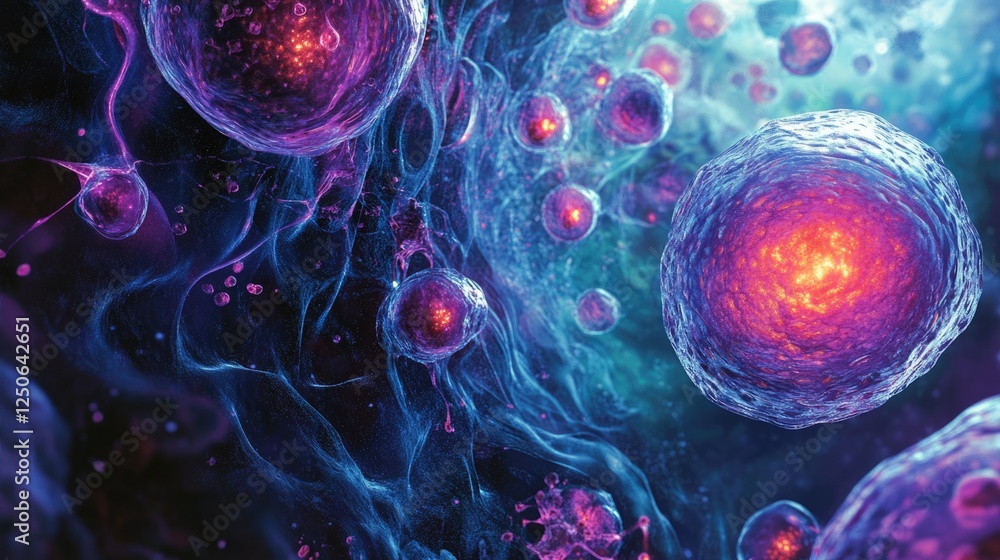 Poster Microscopic View of Colorful Cellular Structures Under Investigation by Scientists