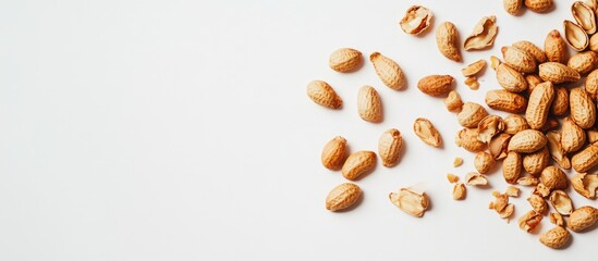 Roasted peanuts in shell and scattered on a white background highlighting natural snack ingredients and textures