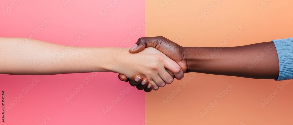 Poster Vibrant Handshake Collaboration Diverse Professional Attire in Minimalist Setting - Business Content for Modern Networking and Intercultural Relations