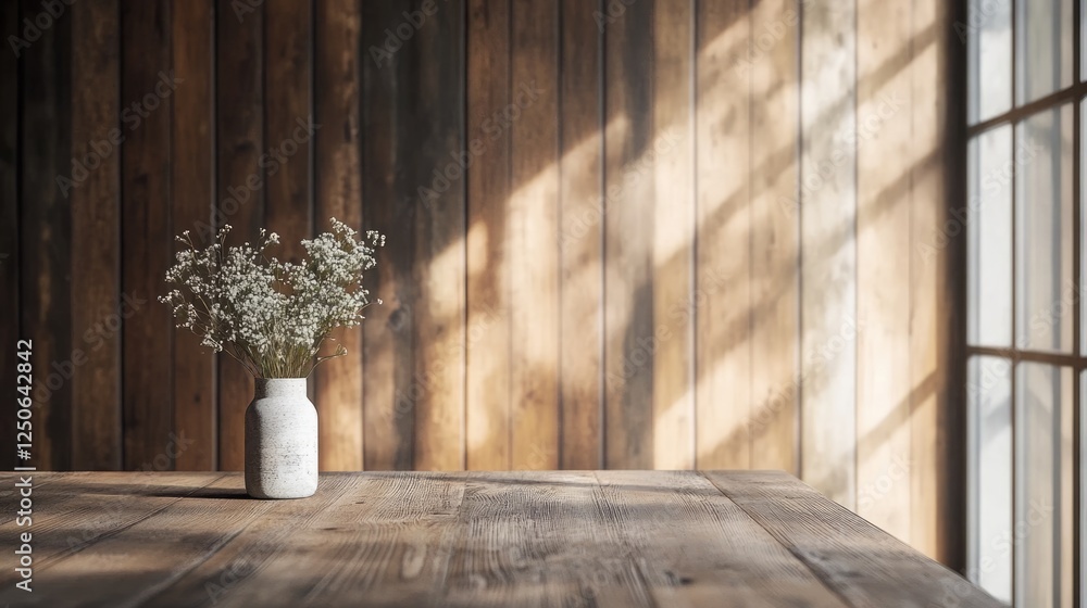 Poster rustic wooden table and wall interior with sunlight creating shadows showcasing a minimalist design 