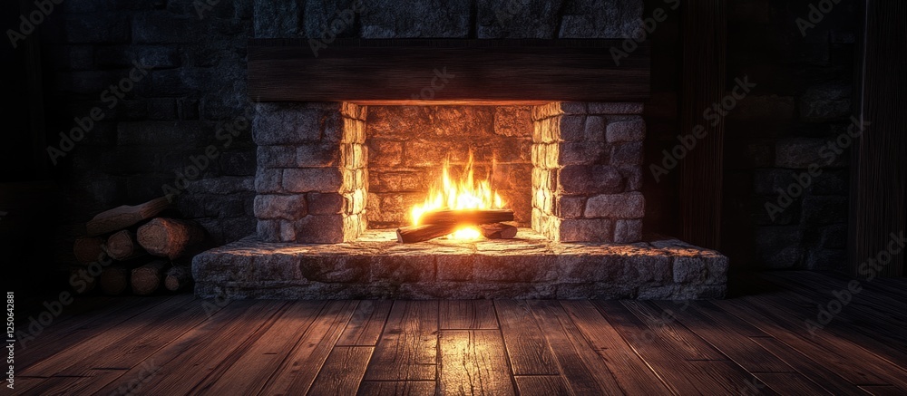Aufkleber Cozy rustic fireplace with a soft crackling glow in a dimly lit room creating an inviting atmosphere and empty space for text.