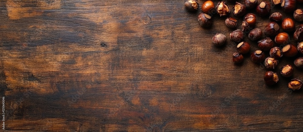 Poster Roasted chestnuts on a rustic wooden table with ample space for text and branding opportunities.