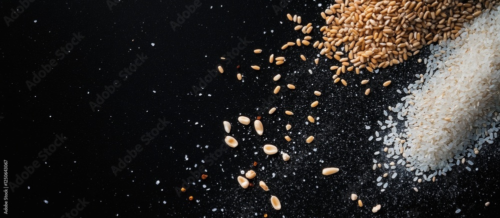 Poster scattered uncooked rice and grains on a dark background showcasing textures and colors of various ce