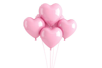 A cluster of shiny pink heart-shaped balloons floating against white transparent background, symbolizing love and celebration of Valentine Day