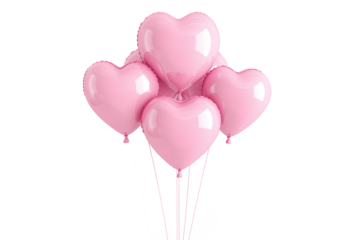A cluster of shiny pink heart-shaped balloons floating against white transparent background, symbolizing love and celebration of Valentine Day