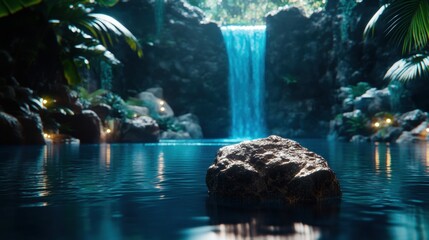 Serene Tropical Waterfall Surrounded by Lush Greenery and Rocks