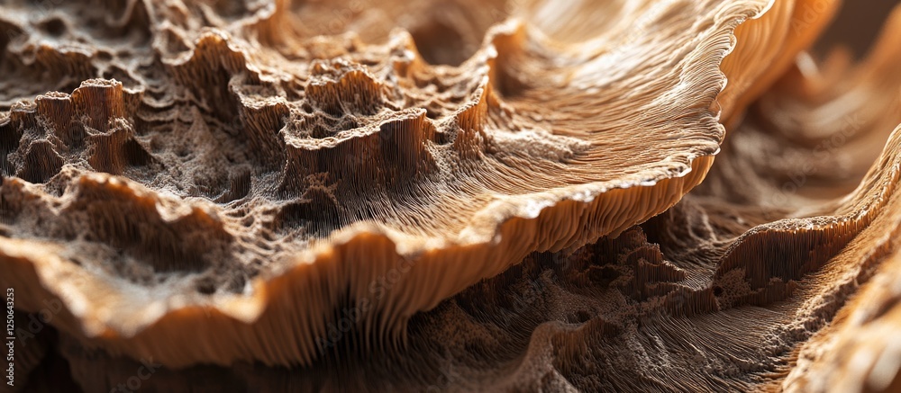 Poster Close-up of Schizophyllum commune split gill mushroom showcasing intricate textures and structures in a natural wood environment.