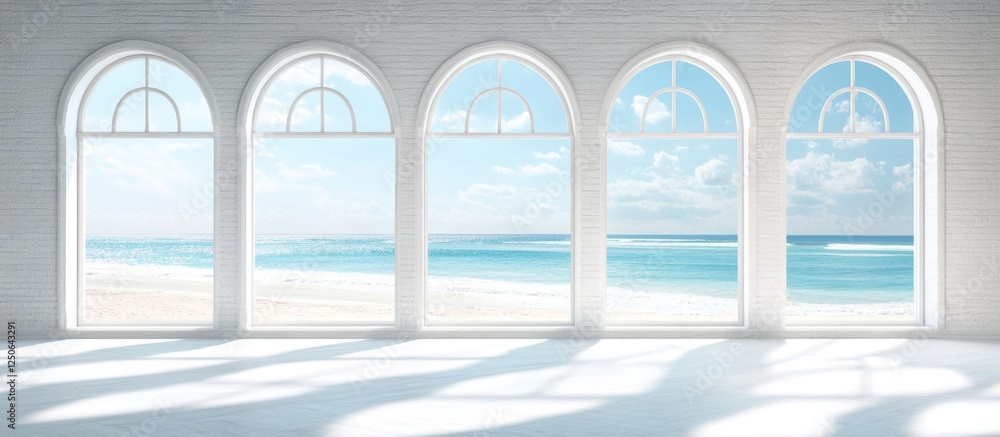 Aufkleber bright room with arched windows showcasing a white sand beach and serene ocean view ideal for relaxi
