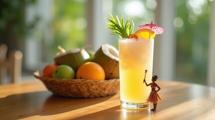 Refreshing Bahamian sky juice cocktail served with tropical fruits