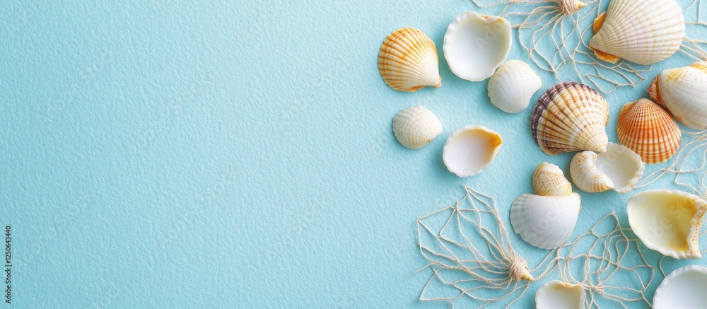 Aufkleber Seashells and strings arranged creatively on a blue paper background for a summer-themed design concept or beach inspiration.