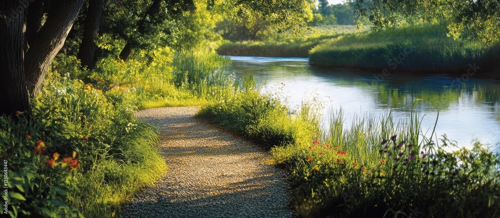 Poster serene riverside pathway through lush greenery with calm waters and natural scenery inviting leisure