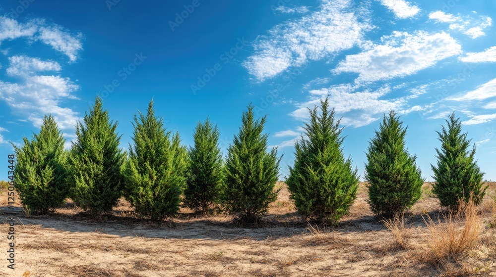 Poster panoramic view of evergreen cedar trees against a clear blue sky with sandy landscape and ample copy