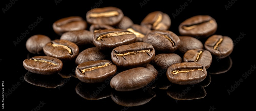 Poster roasted coffee beans arranged on a reflective black surface highlighting their rich texture and colo