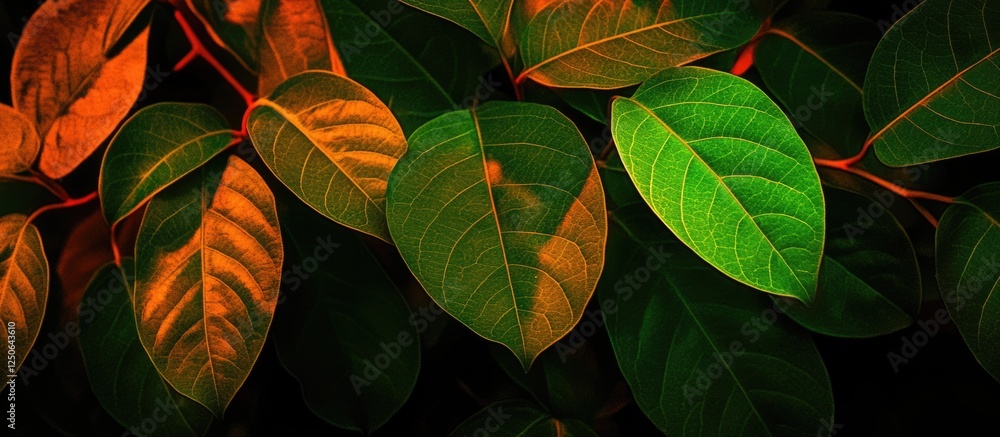 Poster vibrant green and orange foliage illuminated by warm evening sunlight creating an abstract nature ba