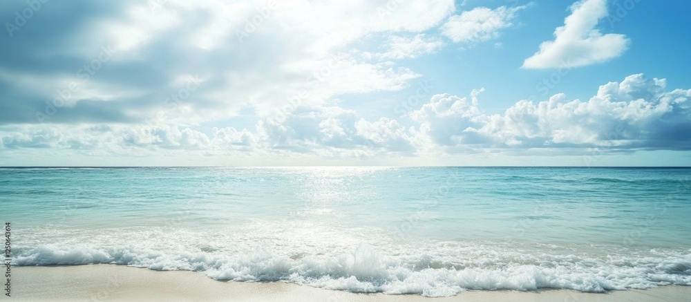 Poster serene ocean view with gentle waves under a cloudy sky and sunlight illuminating the water for a tra