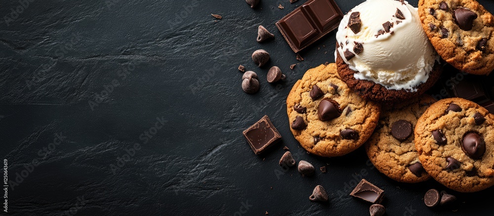 Aufkleber s'mores ice cream sandwich cookies with chocolate chip cookies and melted chocolate on dark backgrou
