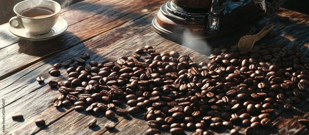 Poster aromatic roasted coffee beans scattered on a rustic wooden table with a coffee cup and grinder in th