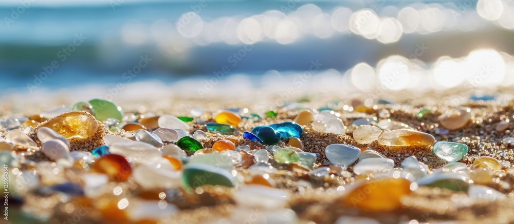 Poster colorful sea glass gems scattered on sandy beach shore with gentle waves in the background sparkling