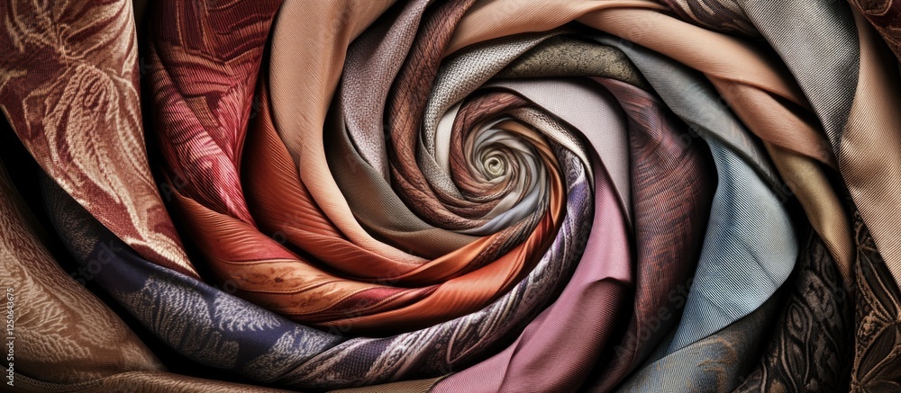Poster spiral arrangement of colorful rolled ties creating an artistic and elegant background design for fa