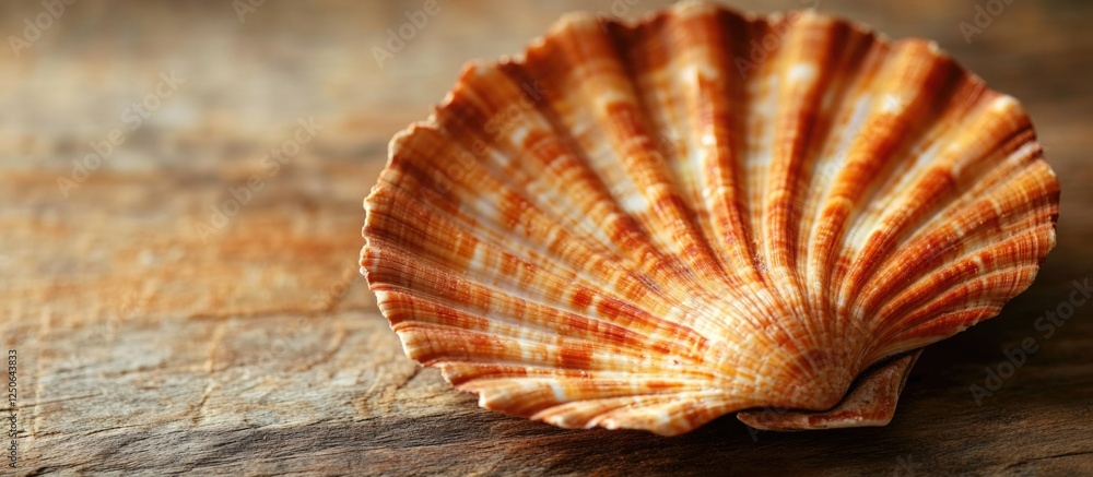 Poster beautiful sea shell resting on a rustic wooden table background showcasing natural textures and eart