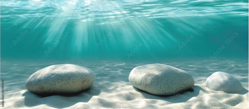 Aufkleber submerged rocks resting on sandy ocean floor beneath clear turquoise water with gentle light rays il