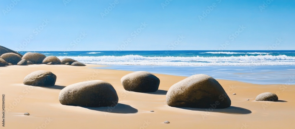 Poster coastal tranquility with smooth rocks on golden sand against a serene ocean backdrop under a clear b
