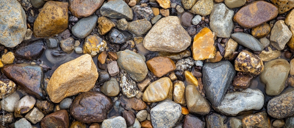 Poster Textured colorful rocks and pebbles on a wet surface creating a natural background for outdoor or geological themes