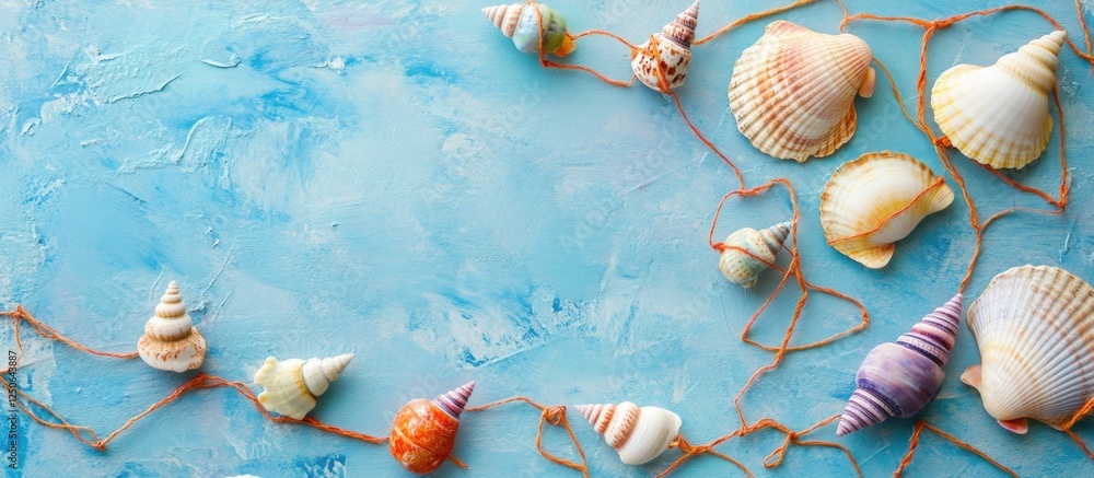 Poster Seashells and strings arranged on blue paper background representing a summer beach theme for creative design and decoration ideas