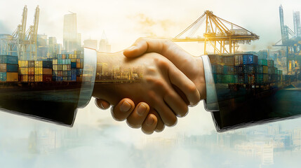 Close up handshake of business partners with logistic global in the background