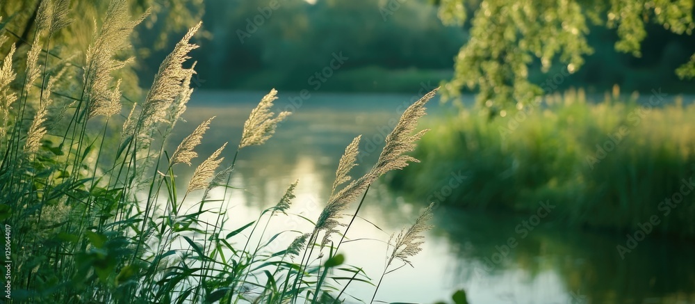 Aufkleber Serene riverbank with reeds at dawn featuring blurred background of oak and alder branches creating a tranquil natural landscape.