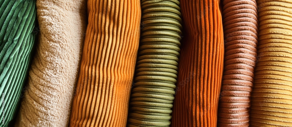 Poster Textured rolled corduroy and velvet fabric in various colors showcasing stripes and material depth for design and textile backgrounds