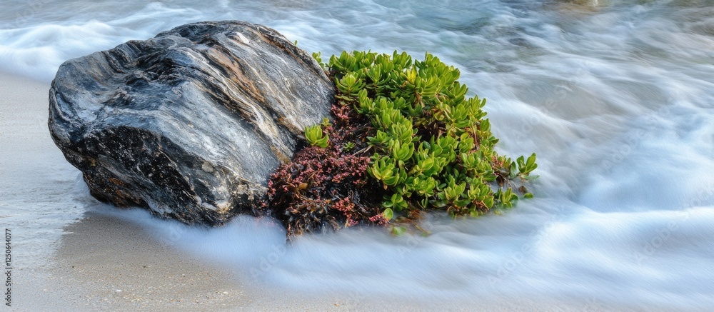 Aufkleber Rock by the sea adorned with green plants and textured patterns in gentle ocean waves creating a serene natural landscape.