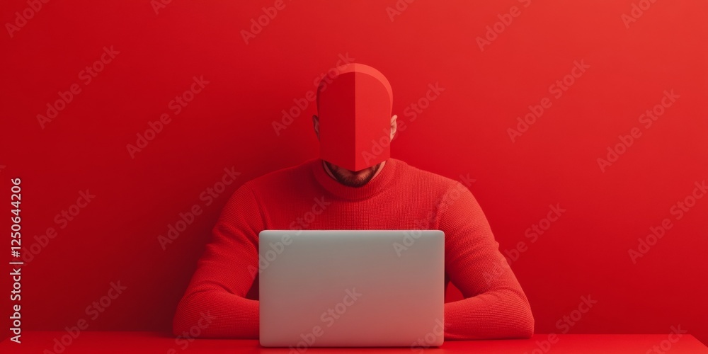 Poster bold monochrome digital identity business professional at laptop, minimalist red office aesthetic - 