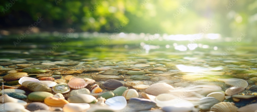 Poster peaceful river with colorful smooth stones under clear water, surrounded by lush greenery and soft s