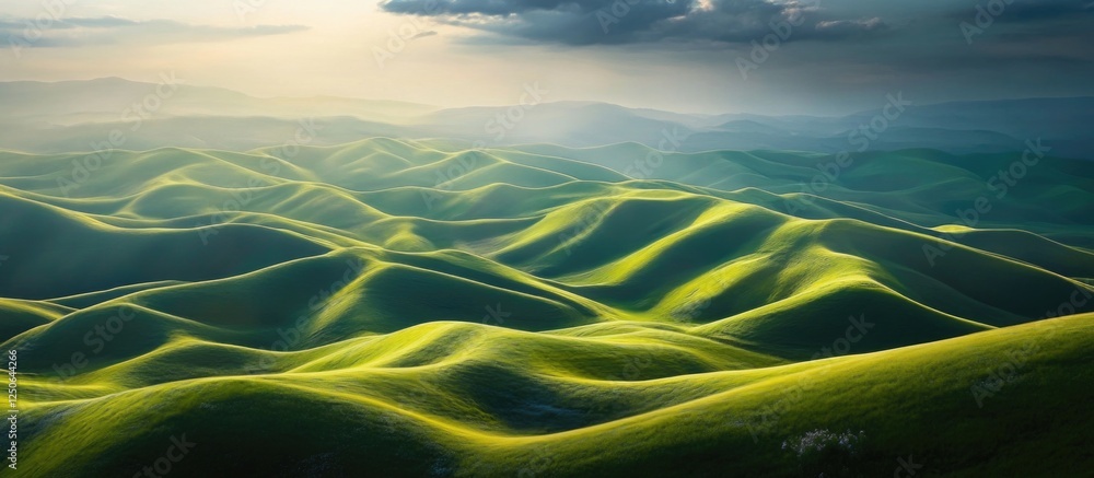 Poster Lush rolling hills of green wheat fields bathed in soft light creating a serene and minimalistic landscape of undulating natural waves.