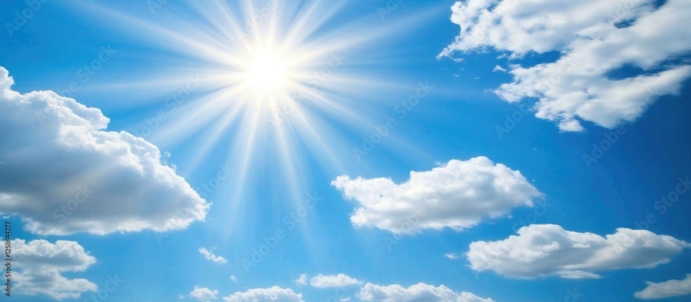 Poster scenic blue sky with vibrant sunlight and fluffy clouds creating a fresh and relaxing atmosphere for