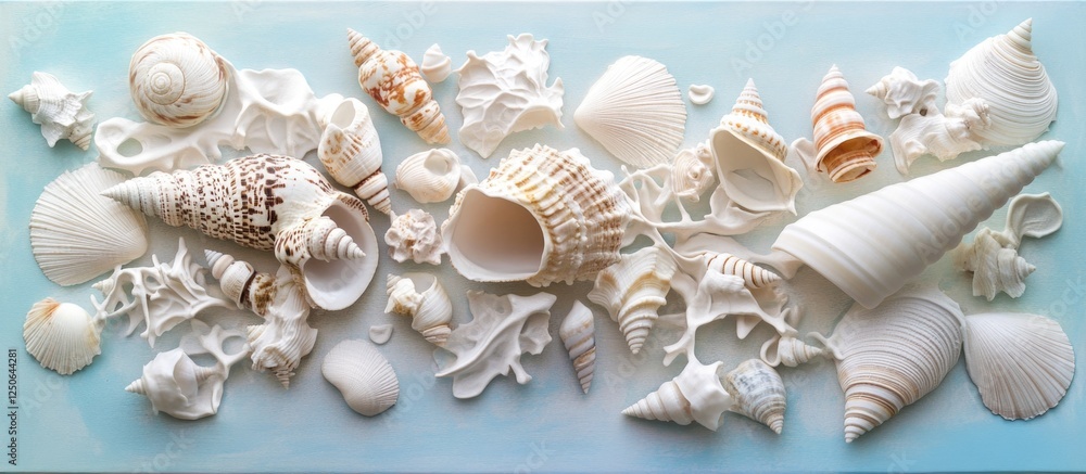 Aufkleber Sea shells on a pastel background creating a serene vacation atmosphere with ample copy space for text or branding