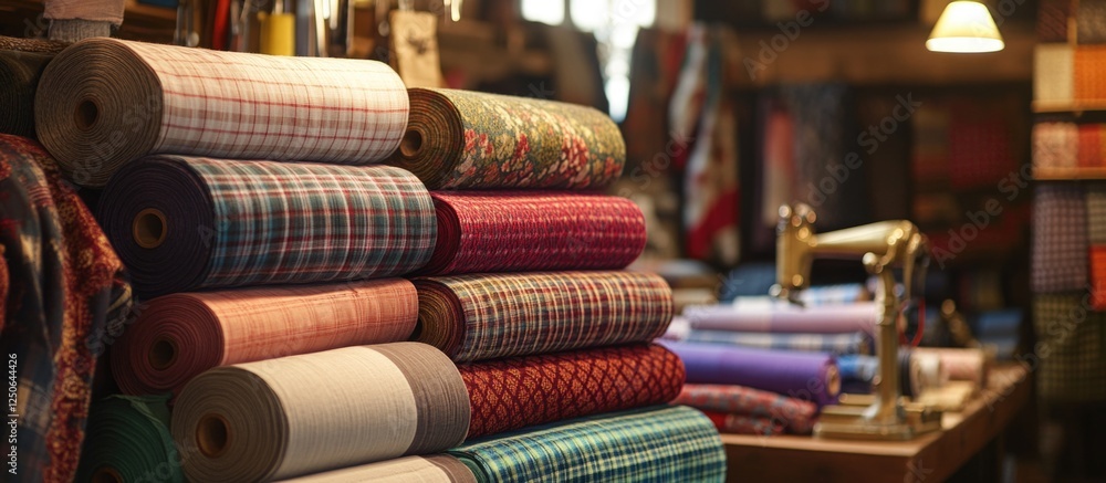 Poster Fabric rolls featuring checkered patterns displayed in a tailor's shop with sewing tools and vibrant textile choices.
