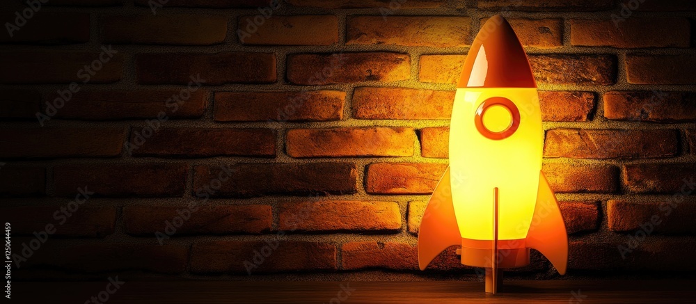 Aufkleber Rocket-shaped night lamp illuminating a brick wall creating a cozy ambiance with space for additional text or branding elements.