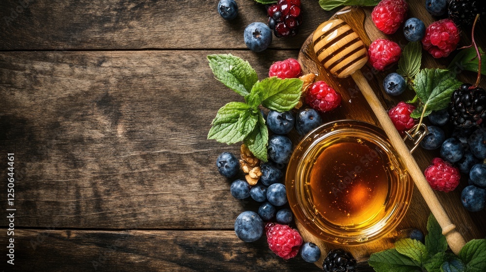 Poster rustic pancakes served with honey and fresh berries on a wooden table for a delightful breakfast exp
