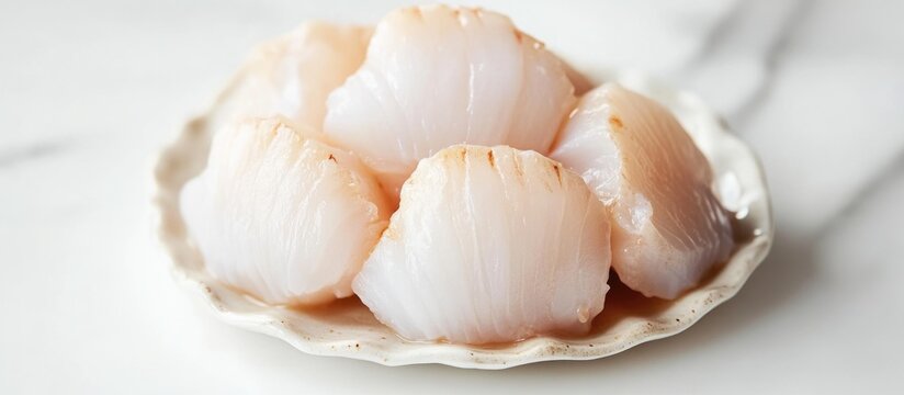 Fresh scallop meat displayed on a delicate plate showcasing its natural texture and color against a clean white background.