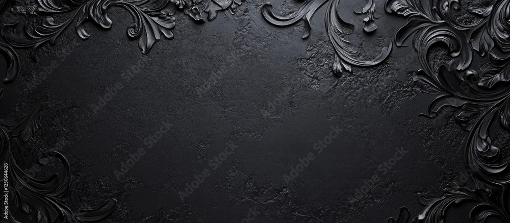 Aufkleber Elegant textured black background with ornate floral design and ample empty space for text or graphic overlay.